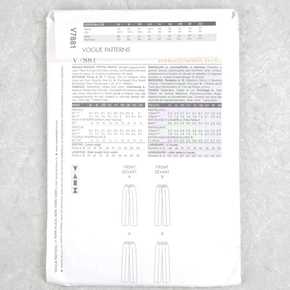Vogue V7881 Sz 6-10 Claire Shaeffer Pants Trouser Sewing Pattern Couture Classic
